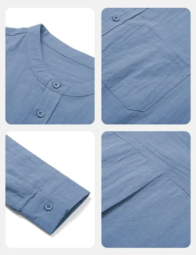 Vista 4 de Camisas de vestir de lino y algodón de manga larga con botones para hombre, ajuste regular