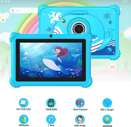 Vista 3 de Tablet infantil de 7 pulgadas para niños pequeños, Android 12, 4 GB de RAM, 32 GB de ROM, WiFi, Bluetooth, pantalla IPS de protección ocular segura