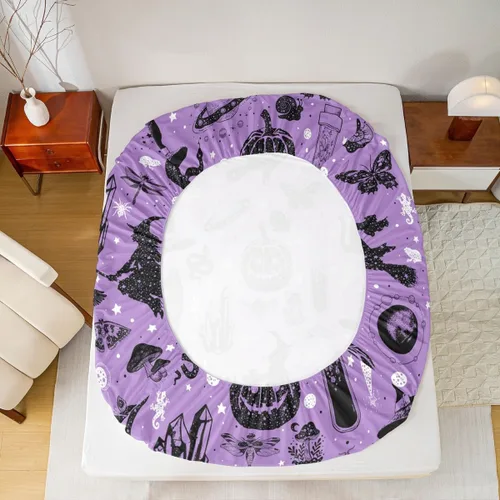 Vista 3 de Sábana bajera ajustable de Halloween tamaño individual, sábanas de calabaza y gato para niñas y niños, sombrero de bruja espeluznante morado