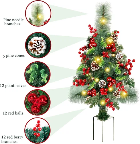 Vista 3 de GUOOU - Juego de 2 jarrones de árbol de Navidad para camino, árboles de Navidad artificiales iluminados mini con luces, decoraciones de Navidad al