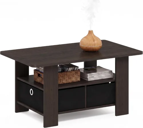 Vista 16 de Furinno Andrey - Mesa de centro con cajón de contenedor, pino ámbar/negro, pequeña parte superior sin elevación Ámbar Pino/Negro
