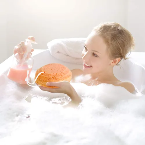 Vista 3 de Esponja corporal de baño suave de 4 piezas exfoliante para suministro de baño