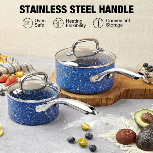 Vista 5 de Kitchen Granite - Juego de sartenes antiadherentes de 1 cuarto y 2 cuartos de galón con tapa, juego de ollas multiusos para el hogar, cocina o Azul