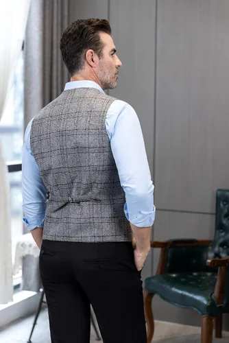 Vista 6 de Chaleco de traje vintage para hombre, chaleco de tweed a cuadros, chaleco de ajuste regular para padrinos de boda