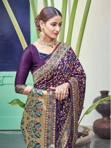 Vista 3 de Elina fashion Sari para mujer Banarasi Art - Sari tejido de seda Regalo de boda indio de diseñador con blusa sin costura