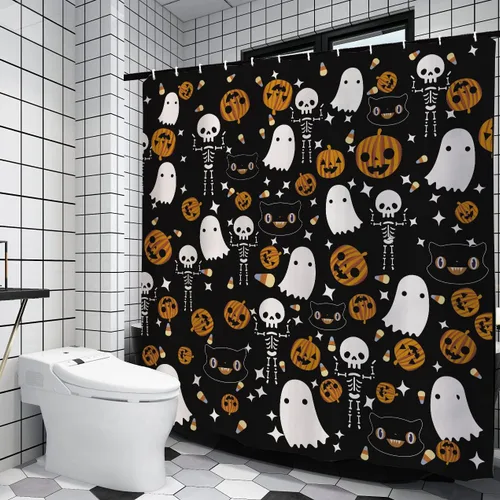 Vista 4 de GAGEC Cortina de ducha de Halloween, espeluznante calabaza esqueleto, cortina de ducha de dibujos animados, decoración de baño