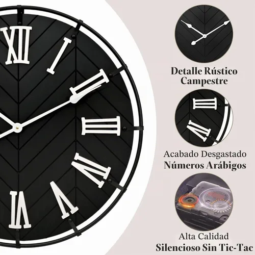 Vista 5 de EMAX HOME - Reloj de pared grande de madera – Reloj de pared extra grande de granja con números romanos 3D y empalme de espiga, reloj de pared Negro