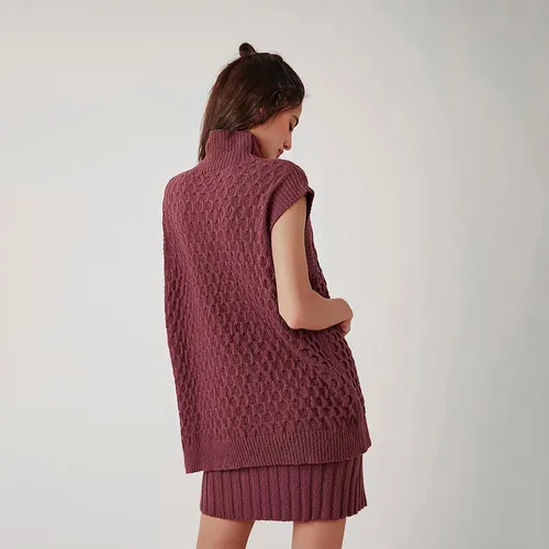 Vista 5 de Muineobuka Conjunto de 2 piezas para mujer, sin mangas, cuello alto, suéter de punto, chaleco sin mangas y minifalda ajustada acanalada dividida