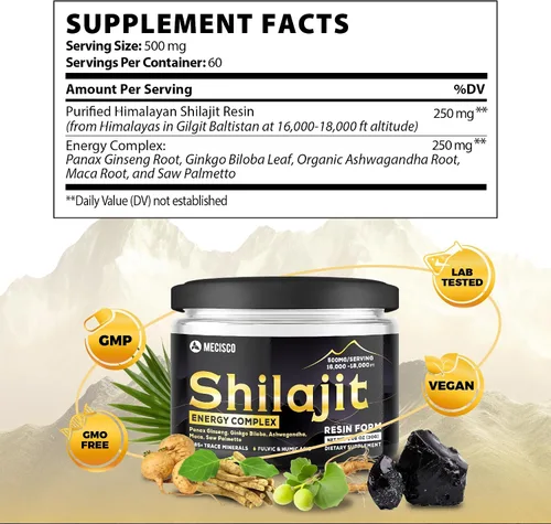 Vista 3 de Mecisco Resina Shilajit – Resina orgánica pura del Himalaya Shilajit, raíz de ginseng panax, hoja de ginkgo biloba y más – Apoya el bienestar