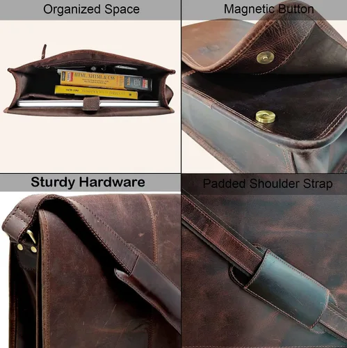Vista 4 de 15 "bolso de mensajero de cuero de búfalo para computadora portátil, maletín de oficina, regalo para hombres, bolsa de hombro desgastada, Marrón