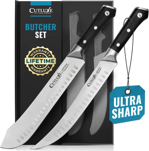 Vista 10 de Cutluxe Butcher Carving Set, Cimeter Breaking & Boning Knife for Meat Cuchillas profesionales para barbacoa, acero alemán afilado, asas ergonómicas