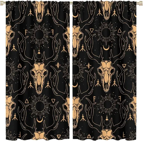 Vista 31 de BAEKJIN Cortinas de cabeza de cabra, diseño de calavera malvada, bruja, símbolo misterioso, bolsillo para barra, cortinas opacas para ventana, juego