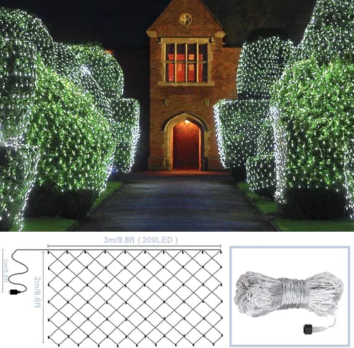 Vista 6 de JMEXSUSS Luces de cortina blancas y luces de red, 8 modos para arbustos enchufables, tira de luces de Navidad impermeables para arbustos, techo