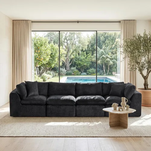 Vista 18 de Sofás de nube beige para sala de estar, sofá deshuesado de 4 plazas, sofá modular seccional, no requiere montaje, tapizado de chenilla, moderno