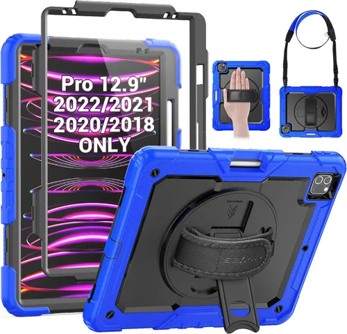 Vista 11 de SEYMAC Funda para iPad Pro 12.9 2022/2021/2020/2018, resistente protección a prueba de golpes con protector de pantalla, soporte giratorio de 360°