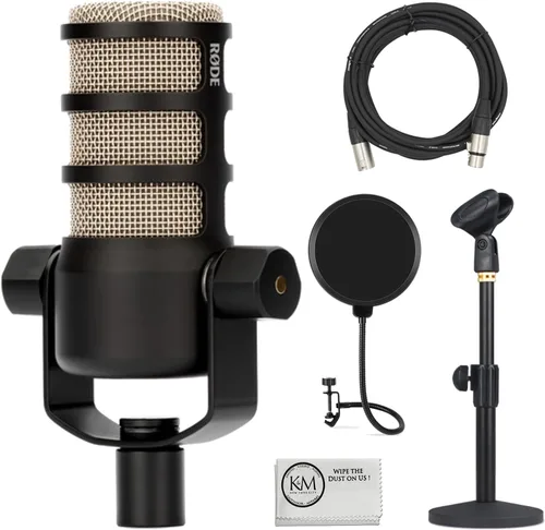 Vista 11 de Rode PodMic Micrófono dinámico USB y XLR para podcasting, paquete negro con filtro pop + soporte de micrófono de escritorio + cable XLR + paño