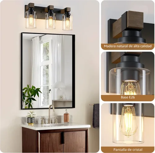 Vista 3 de Accesorios de iluminación de baño de granja, luces de tocador rústicas de 3 luces en madera para baño, iluminación de apliques de pared vintage