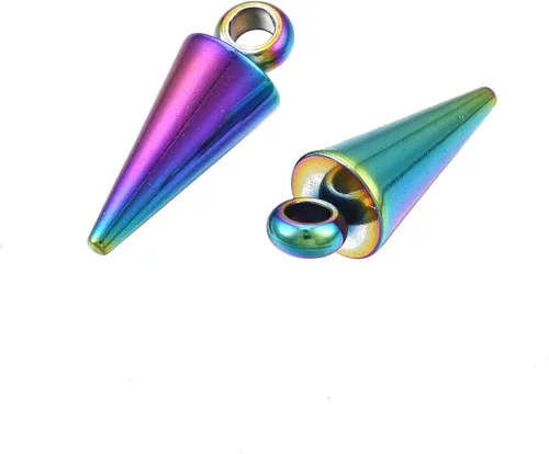 Vista 8 de 20 dijes de arco iris con forma de cono de acero inoxidable 304, cuentas de pico de bala, dijes góticos para mujeres y hombres, aretes de aro