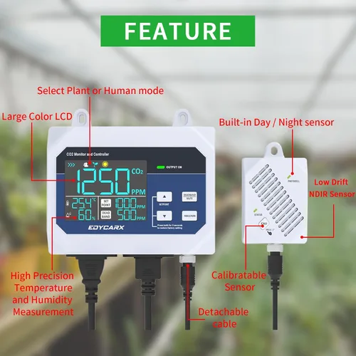 Vista 2 de Controlador de CO2 con pantalla de temperatura y humedad día y noche con función de relé, cable de sensor NDIR de 15 pies, controlador de CO2