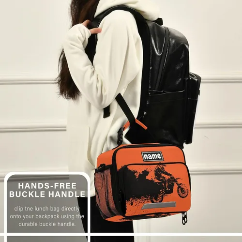 Vista 6 de Bolsa de almuerzo deportiva de motocross vintage personalizada para niños y niñas, bolsas de almuerzo personalizadas con tu nombre, lonchera aislada