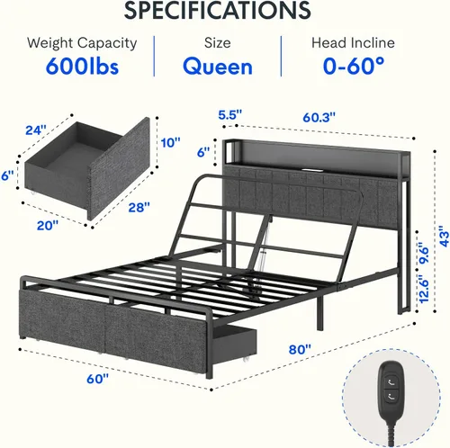 Vista 2 de FLEXISPOT Cama ajustable Queen con cabecera de almacenamiento, estación de carga, inclinación de la cabeza, iluminación LED, cajones