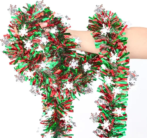 Vista 9 de Guirnalda de Oropel de Navidad de 33 Pies, Guirnalda de Oropel Metálico Trenzado Rojo Verde con Ornamentos de Bayas y Hojas, Decoración Colgante