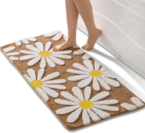 Vista 8 de QJHOMO Alfombra de baño beige con diseño de margaritas, decoración de flores blancas y amarillas, alfombra antideslizante de microfibra, súper