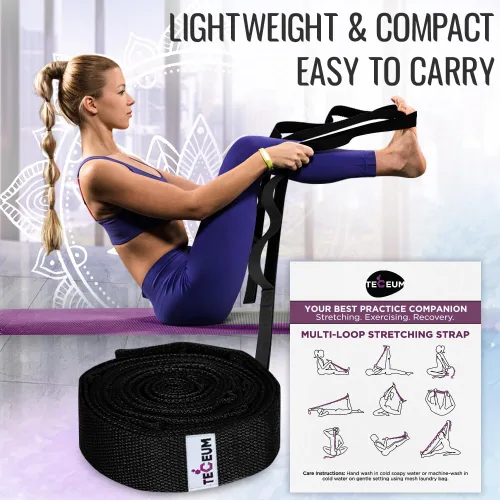 Vista 6 de TECEUM Stretching Strap with 10 Loops for Physical Therapy & Rehab Non-Elastic Yoga Stretch Band for Hamstring, Leg, Hip & Knee Rehab, Pilates