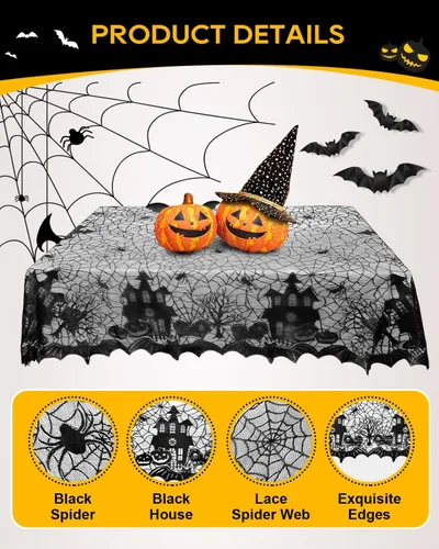 Vista 2 de eZAKKA Mantel de encaje negro para Halloween, 53x68 pulgadas