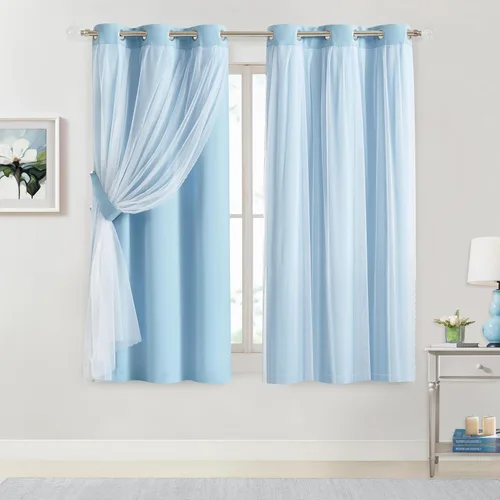 Vista 35 de Bujasso Cortinas 80% Opacas Beige con Superposición de Gasa Mezcla y Combinación Paneles de Ventana con Aislamiento Térmico de Doble Capa de 63
