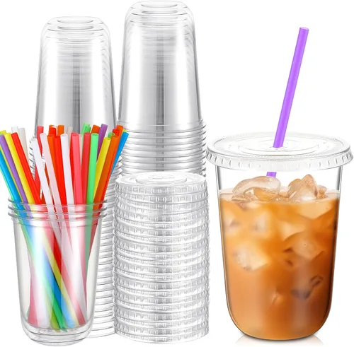 Vista 13 de Ziliny - Paquete de 50 vasos de plástico de 12 onzas con tapas, pajitas
