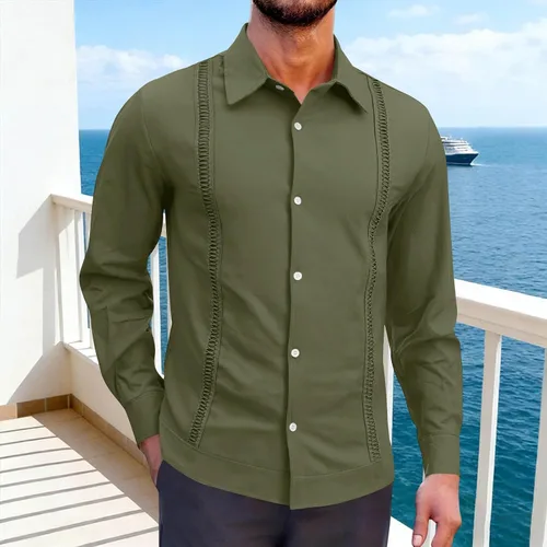 Vista 2 de Camisas de guayabera cubana para hombre, manga corta, sin doblar, con botones, color sólido, camisas de boda para trabajo, camisas casuales