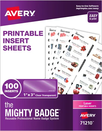 Vista 8 de The Mighty Badge by Avery, 1" x 3" Inserts for Name Tags, 100 Clear Inserts for Inkjet Printers Only (71209) (Pack of 10)
