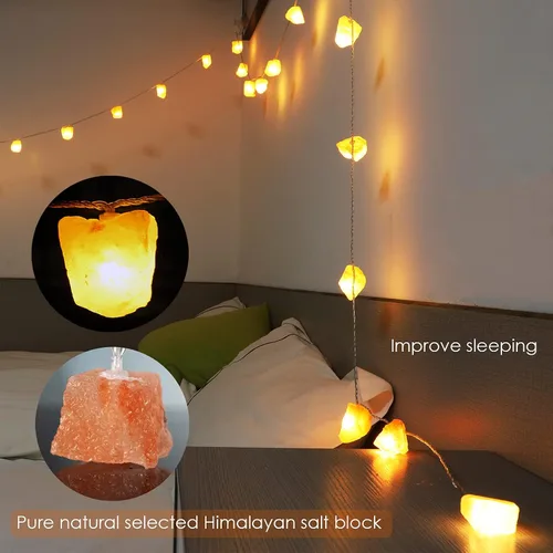 Vista 5 de Guirnalda de luces de sal del Himalaya con interruptor, 20 luces LED de bloque de sal natural con interfaz USB adecuadas para decorar el hogar