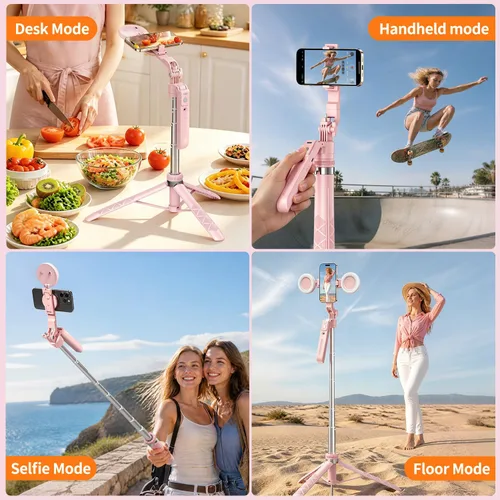 Vista 6 de Trípode magnético de seguimiento facial automático rosa con luz para iPhone, trípode para selfie stick de 71 pulgadas, rotación de 360° que sigue tu