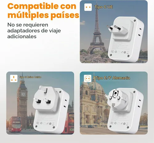 Vista 2 de TESSAN All European UK Travel Plug Adapter Kit, PD 20W International Detachable Adaptor, 4 AC 4 USB Potrs (2 USB C), Type C/G/E/F Universal Plug, US