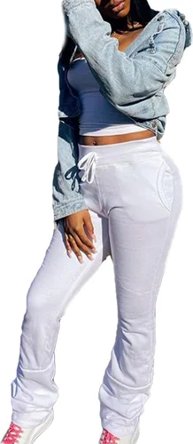 Vista 3 de Nituyy Pantalones deportivos de cintura elástica para mujer, pantalones casuales fruncidos con bolsillos y parte inferior apilada