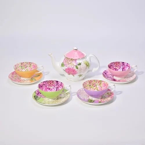 Vista 5 de Tetera de porcelana de hueso, teaset inglés, diseño floral de dalia con borde dorado, 37 onzas