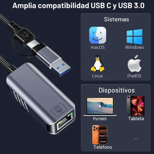 Vista 9 de Adaptador USB C a Ethernet de 5 Gbps, USB-A y USB-C a RJ45 LAN 5000 Mbps convertidor de red con cable, adaptador USB a Ethernet compatible