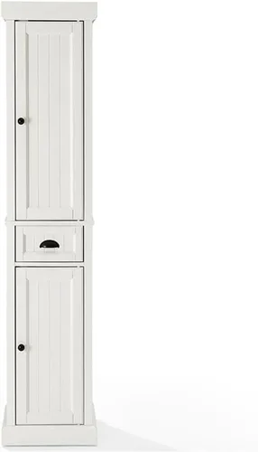 Vista 4 de Crosley Furniture Seaside - Armario de almacenamiento alto de lino y organizador de baño con cajón y estantes, color blanco envejecido