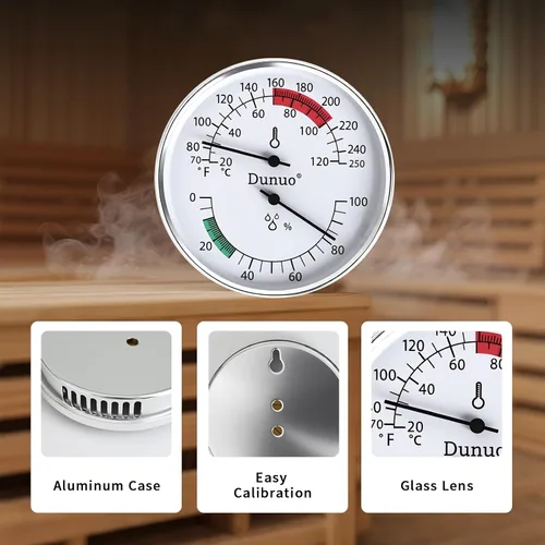 Vista 4 de Termómetro higrómetro de sauna, medidor de temperatura de 4 pulgadas con Fahrenheit y Celsius, 70-250°F / 0-100% HR, medidor analógico resistente al