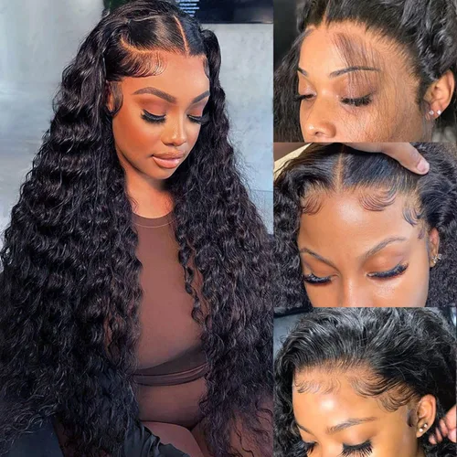 Vista 7 de Pelucas de pelo rizado para mujeres afroamericanas. Pelucas de encaje frontal con pelo de bebé. Peluca sintética ondulada, resistente al calor Negro