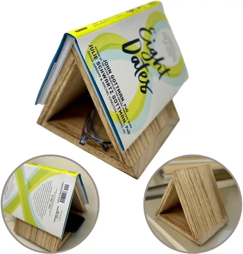 Vista 5 de Soporte de libro triangular multifuncional personalizado, no requiere montaje, elegante soporte para libros, accesorio de libro de madera, regalo