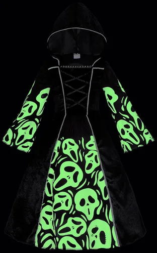 Vista 2 de Disfraz de bruja fantasma para niñas, esqueleto que brilla en la oscuridad, disfraz de Halloween