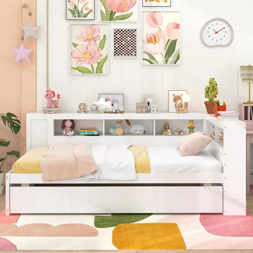 Vista 3 de KOMFOTT Sofá cama doble con nido, cama nido con estantería en forma de L