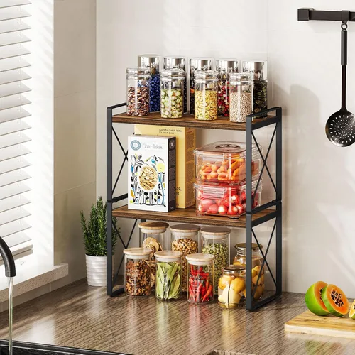 Vista 4 de Giikin Organizador de encimera de cocina, juego de 2 estantes de encimera de cocina, estante elevador para estante de especias para armario y Marrón