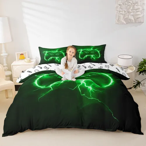 Vista 13 de Juego de funda de edredón con diseño de videojuegos para niños, tamaño individual, negro y azul a cuadros, juego de ropa de cama moderna