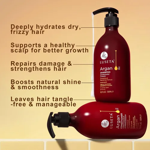 Vista 3 de Luseta - Juego de champú y acondicionador de aceite de argán, sin sulfatos, para tratar la pérdida de cabello, ideal para cabello dañado, fino, seco