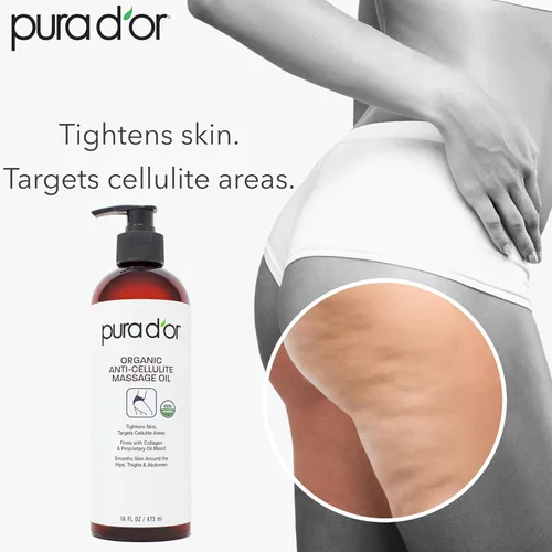 Vista 4 de PURA D'OR Aceite de masaje anticelulítico orgánico de 16 onzas para piernas tonificadas y glúteos, cáscara de limón, moringa, semilla de uva, pomelo