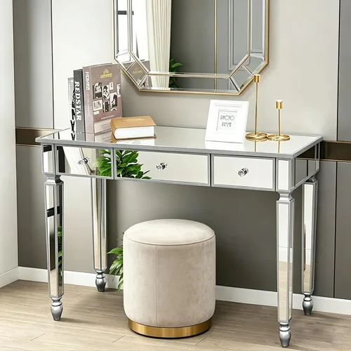 Vista 4 de Henf Mesa de consola con espejo, mesa de tocador de maquillaje, mesa de entrada plateada de 3 cajones para mujeres y niñas, entrada, hogar, oficina